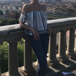 Off the shoulder top blue and white stripe